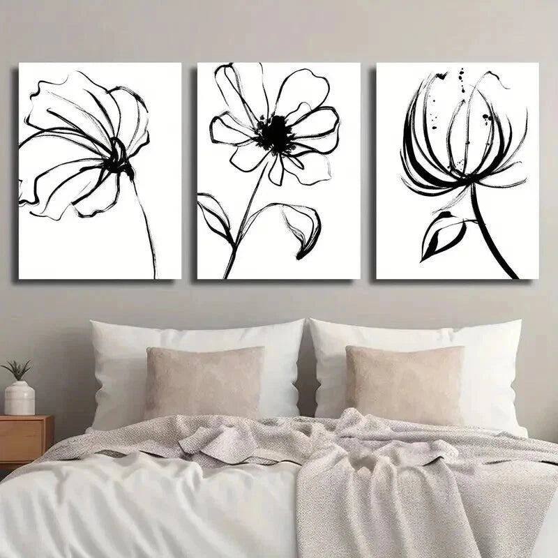 3pcs Black and White Wildflower Deco Wall Art Set Canvas Framed 50x70cm - High Quality Print 100% Australian Made Wall Canvas Ready to Hang