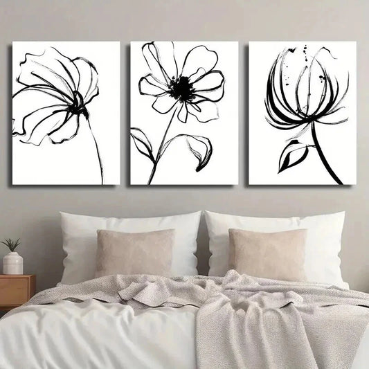 3pcs Black and White Wildflower Deco Wall Art Set Canvas Framed 50x70cm - High Quality Print 100% Australian Made Wall Canvas Ready to Hang