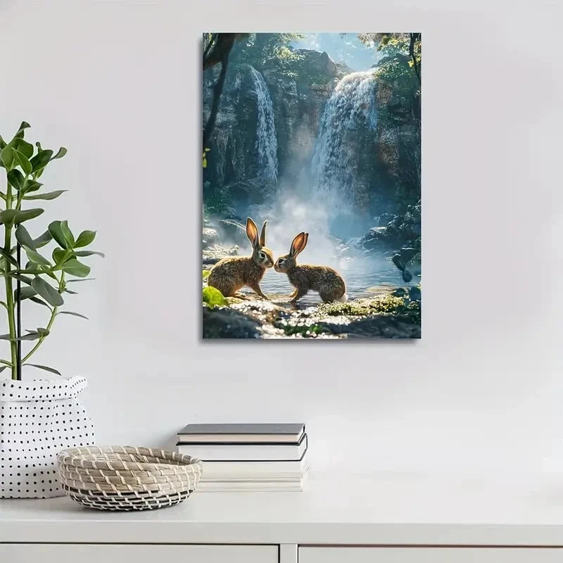Playful Rabbits By Crystal Waterfall Painting 40x60cm Metal Print Ready to Hang