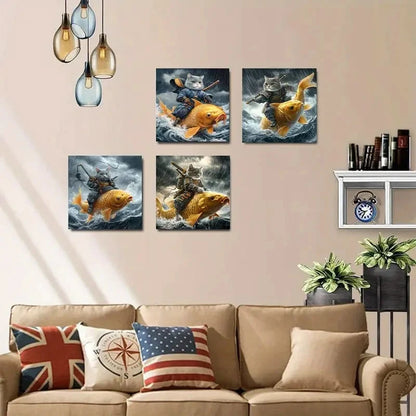 4pcs Cartoon Cat and Fish for Wall Art Canvas Framed
