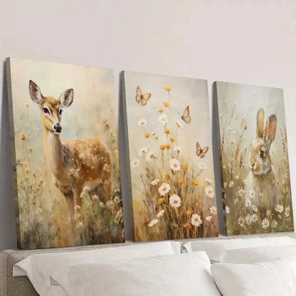3pcs Deer And Bunny Scenery in Flower Field Wall Art Set Canvas Framed 40x60cm - High Quality Print 100% Australian Made Wall Canvas Ready to Hang