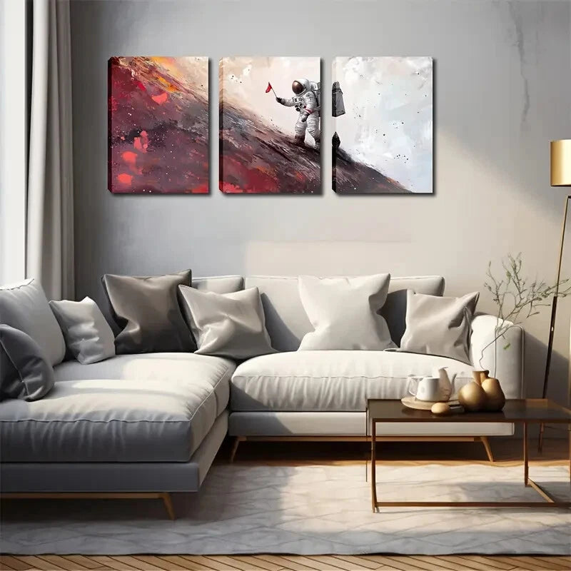 3pcs Astronaut Climbing A Slope Flag Perfect Wall Art Set Canvas Framed 40x60cm - High Quality Print 100% Australian Made Wall Canvas Ready to Hang