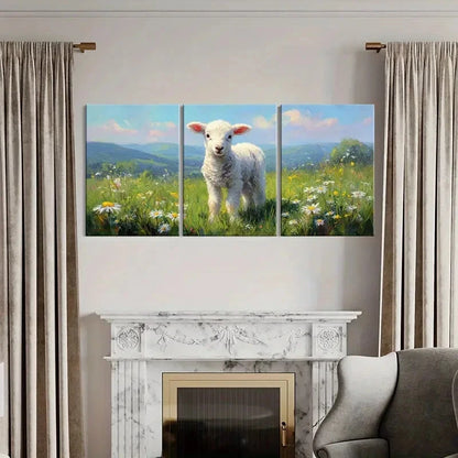 3pcs Lamb in Blossoming Meadow Pastoral Scene Metal Print Ready to Hang Art