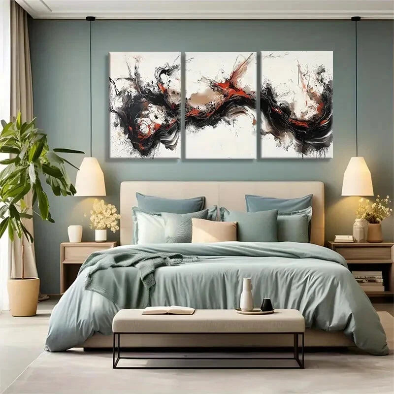 3pcs Dynamic Black Red and White Abstract Metal Print Ready to Hang Art