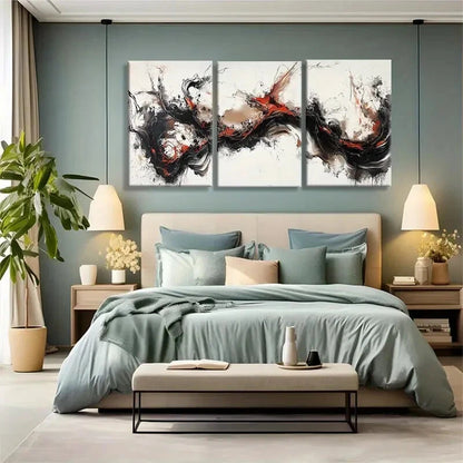 3pcs Dynamic Black Red and White Abstract Metal Print Ready to Hang Art