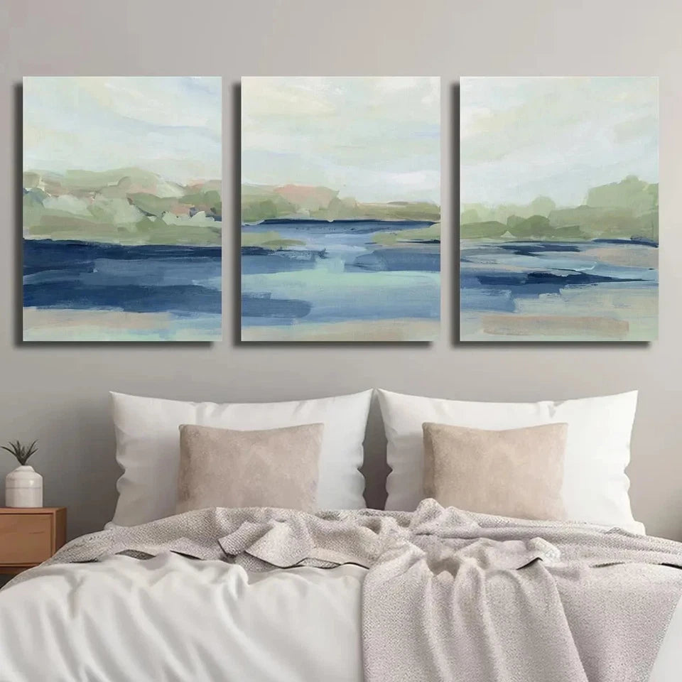 3pcs Vibrant Blue & Green Water Scene Metal Print Ready to Hang Art