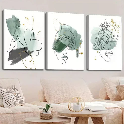 3pcs Abstract Green Sage Line Face Shape Canvas Unframed - High Quality Print 100% Australian Made Wall Canvas