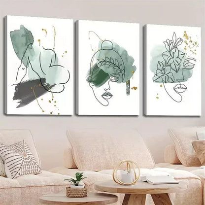 3pcs Abstract Green Sage Line Face Shape Canvas Unframed - High Quality Print 100% Australian Made Wall Canvas