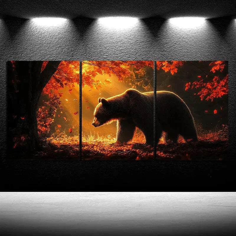 3pcs Bears in the Forest Red Leaves Metal Print Ready to Hang Art