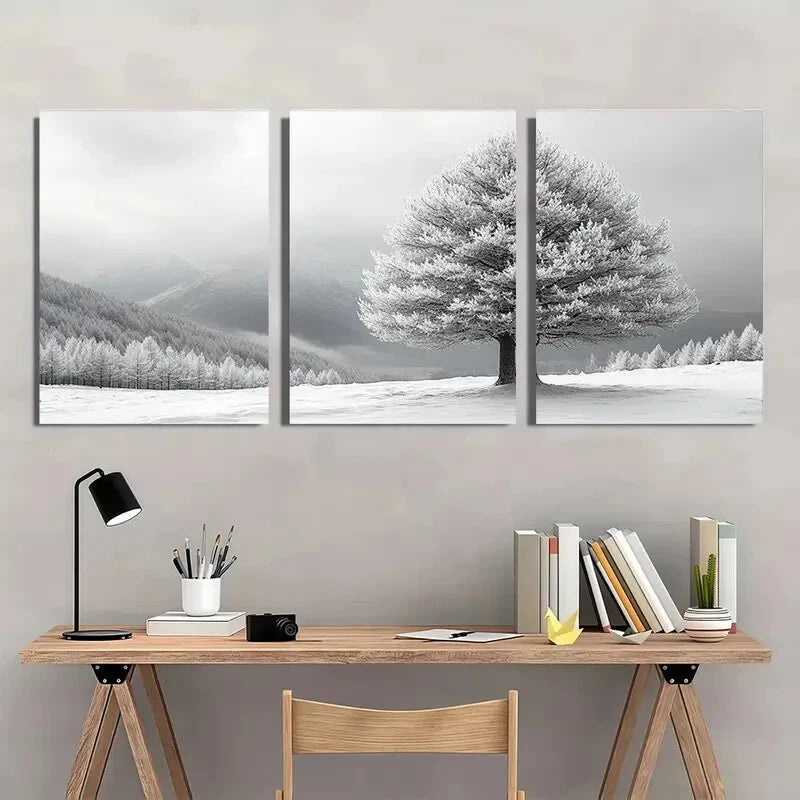 3pcs Serene Black and White Winter Snow Covered Metal Print Ready to Hang Art