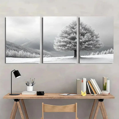 3pcs Serene Black and White Winter Snow Covered Metal Print Ready to Hang Art