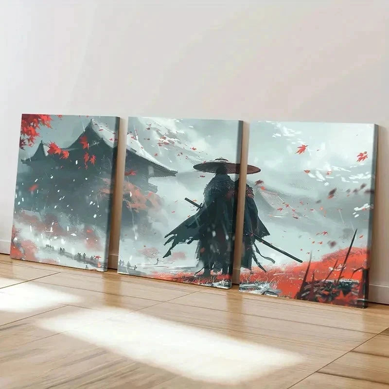 3pcs Dynamic Samurai & Autumn Leaves Wall Art Set Canvas Framed 60x90cm - High Quality Print 100% Australian Made Wall Canvas Ready to Hang