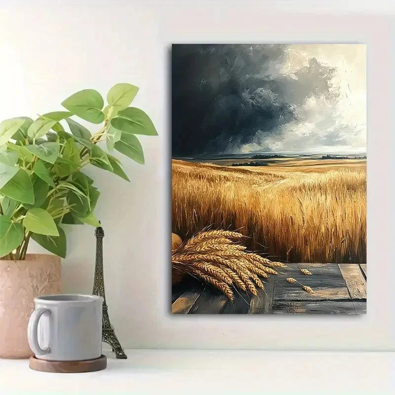 Beautiful Wheat Fields & Dramatic Skies Painting 40x60cm Metal Print Ready to Hang