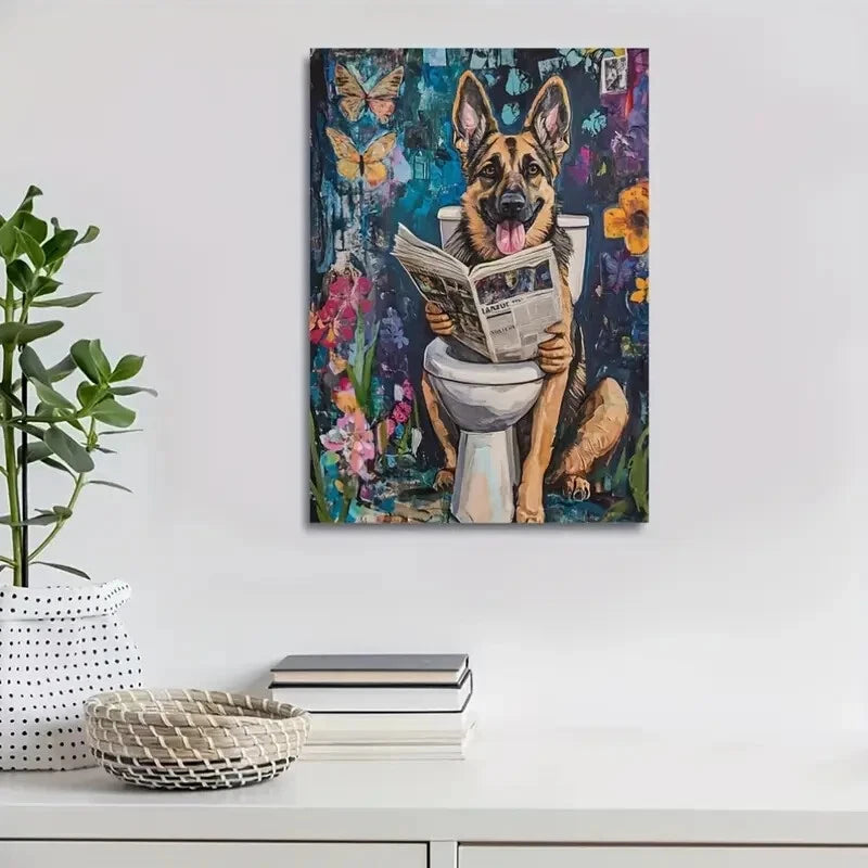 Depicting a German Shepherd Reading Newspapers 40x60cm Metal Print Ready to Hang