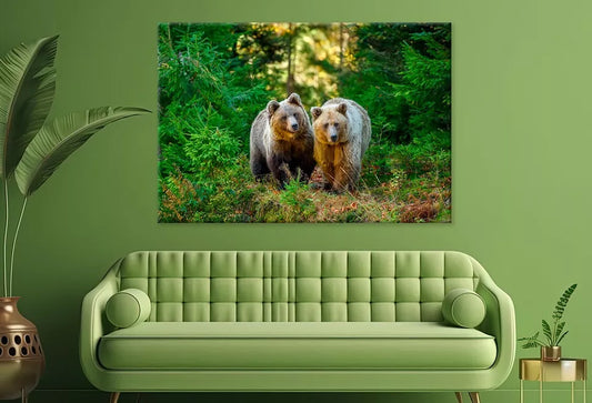 Two Big Brown Bear In Forest Wall Art Decor 100% Australian Made