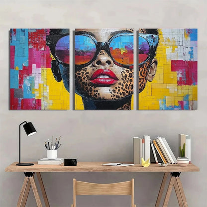 3pcs Vibrant Fashion Girl with Leopard Metal Print Ready to Hang Art