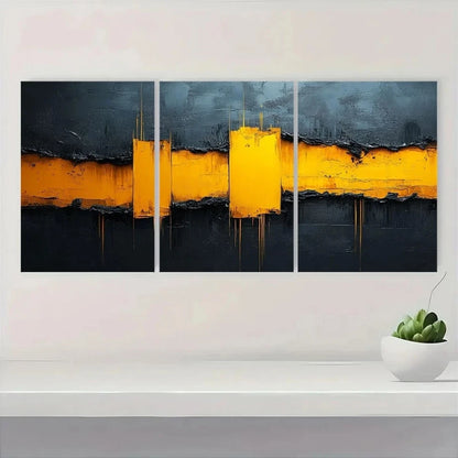 3pcs Modern Grey and Yellow Abstract Metal Print Ready to Hang Art