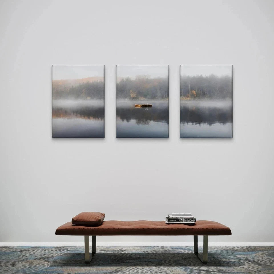 3pcs Misty Lake Landscape Forest With Boat Wall Art Set Canvas Framed 40x60cm - High Quality Print 100% Australian Made Wall Canvas Ready to Hang