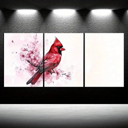 3pcs Pink Birds on Plum Blossom Branches Metal Print Ready to Hang Art