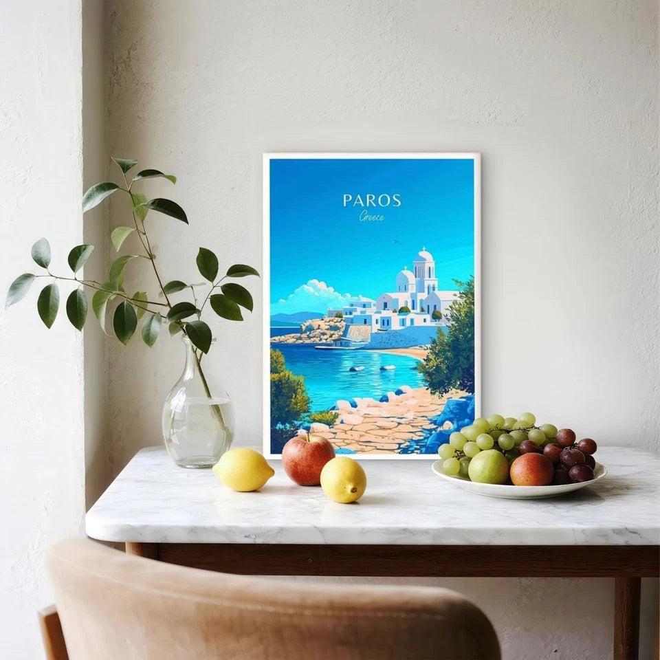 Paros Greece Blue & White Cycladic Travel Poster Print Wall Art