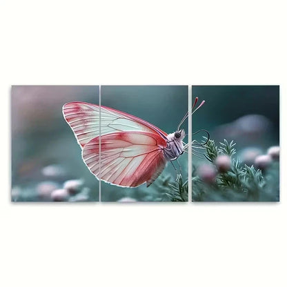 3pcs Pink White Butterfly Delicate Grassy Plant Wall Art Set Canvas Framed 50x70cm - High Quality Print 100% Australian Made Wall Canvas Ready to Hang