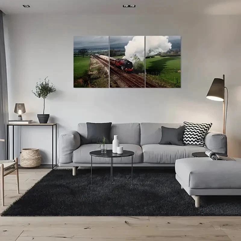 3pcs Vintage Steam Train Green Field Metal Print Ready to Hang Art