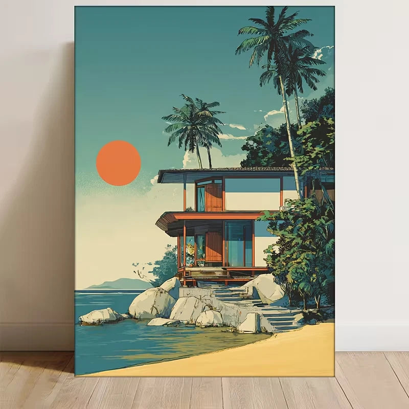 Tropical House, Palm Trees & Ocean View Metal Print Ready to Hang