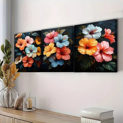 3pcs Featuring Hibiscus Flowers, Floral Wall Art Set Canvas Framed 60x90cm - High Quality Print 100% Australian Made Wall Canvas Ready to Hang