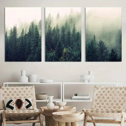 3pcs Aerial View of Pine Trees in Mist Metal Print Ready to Hang Art