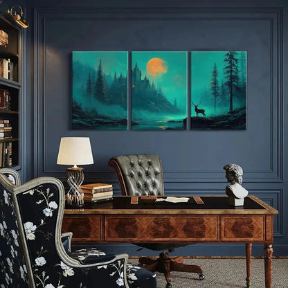 3pcs Mystical Castle Deer Silhouette Forest Metal Print Ready to Hang Art