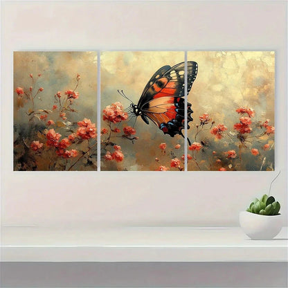 3pcs Vintage Butterfly And Flower Metal Print Ready to Hang Art