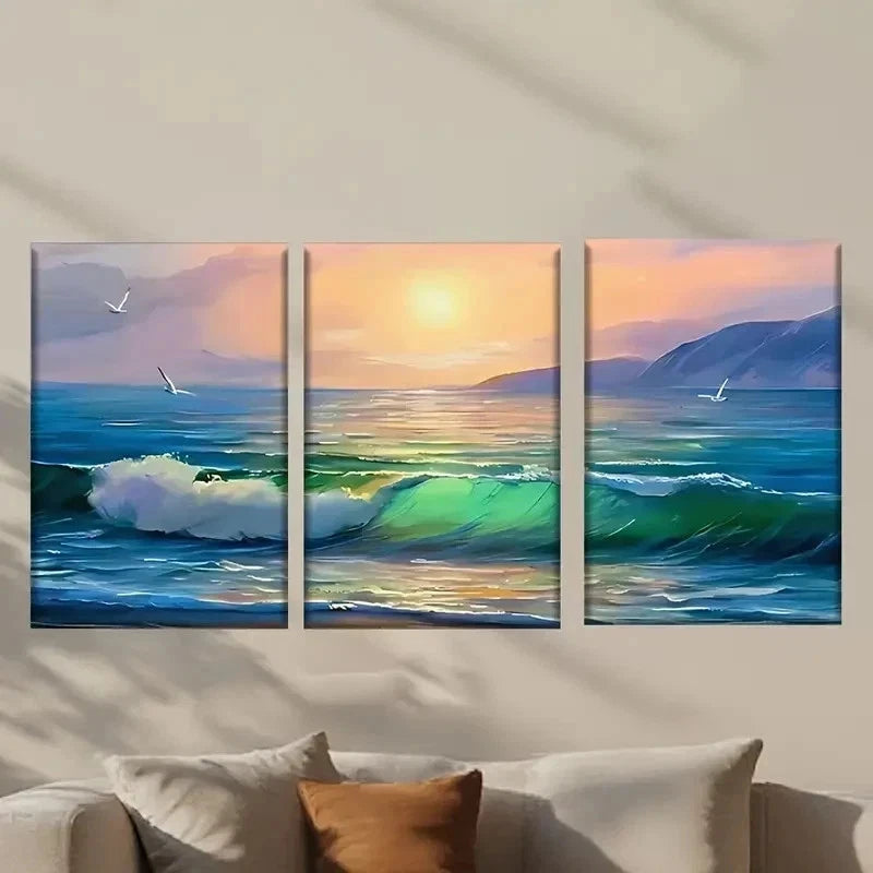 3pcs Vibrant Ocean Wave & Sunset Wall Art Set Canvas Framed 40x60cm - High Quality Print 100% Australian Made Wall Canvas Ready to Hang