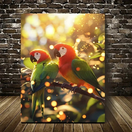 Parrot Playing Together on a Sunny Savannah Painting 40x60cm Metal Print Ready to Hang