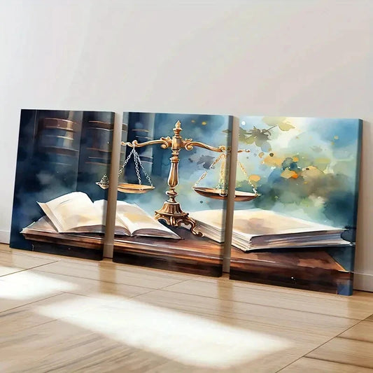 3pcs Golden Scales & Open Books Lawyers Office Wall Art Set Canvas Framed 40x60cm - High Quality Print 100% Australian Made Wall Canvas Ready to Hang