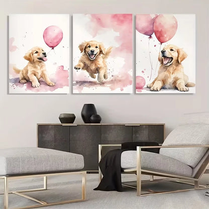 3pcs Golden Retriever Watercolor Paintings  Wall Art Set Canvas Framed 50x70cm - High Quality Print 100% Australian Made Wall Canvas Ready to Hang