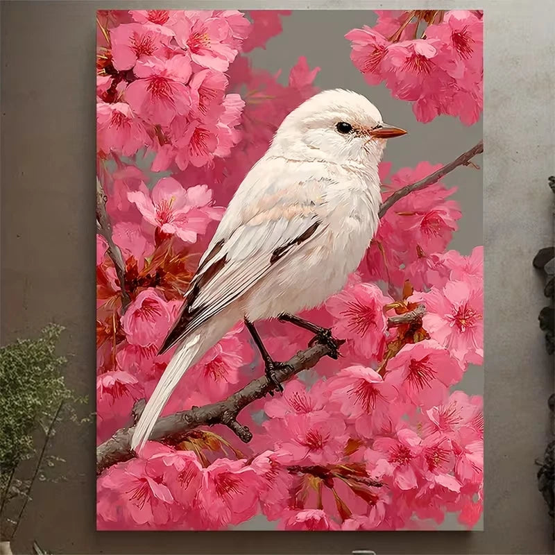 Elegant White Bird on Pink Cherry Blossoms 60x90cm Metal Print Ready to Hang