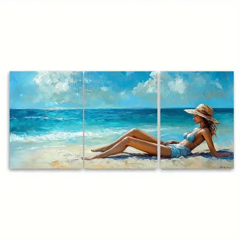 3pcs Lady Relaxing on Beach Wall Art Set Canvas Unframed – High Quality Print 100% Australian Made Wall Canvas