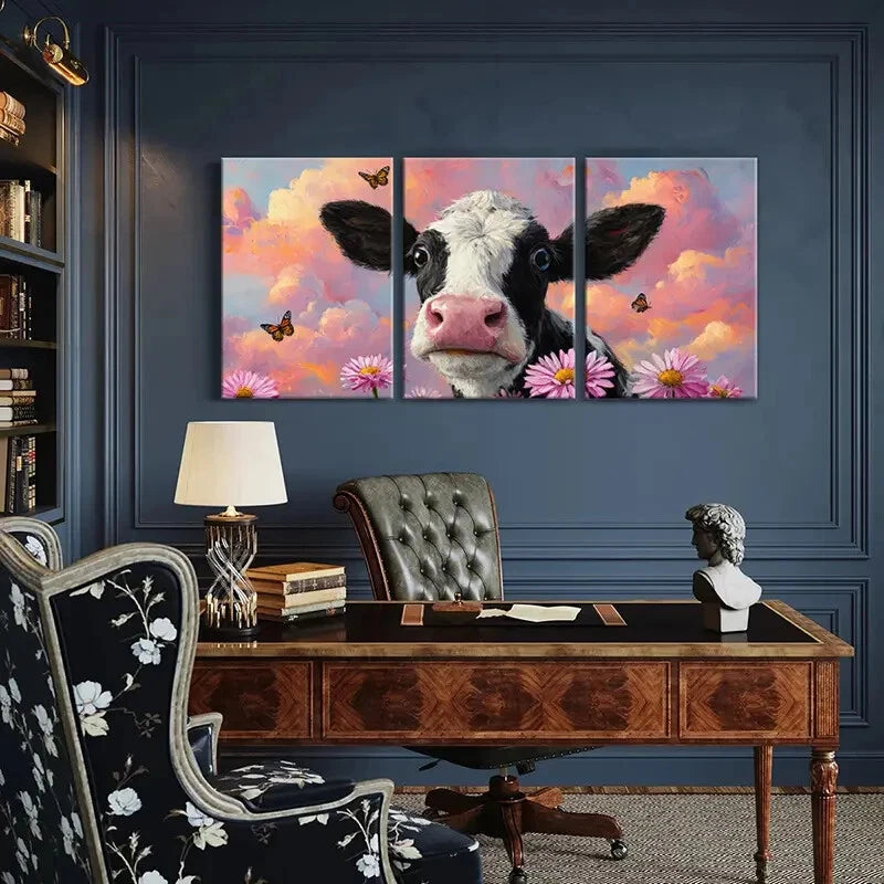 3pcs Vibrant Cow Portrait with Floral & Butterfly Metal Print Ready to Hang Art