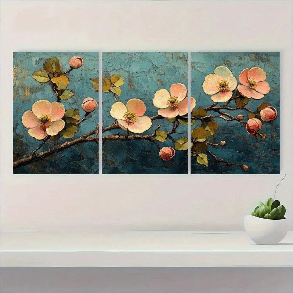 3pcs Vintage Gogh Inspired Gray & Green Floral Wall Art Set Canvas Framed 40x60cm - High Quality Print 100% Australian Made Wall Canvas Ready to Hang
