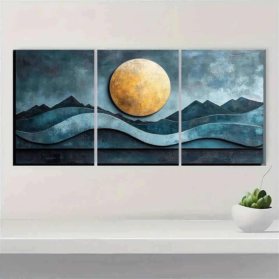 3pcs Abstract Turquoise Geometric Round Metal Print Ready to Hang Art