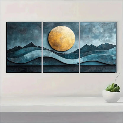 3pcs Abstract Turquoise Geometric Round Metal Print Ready to Hang Art