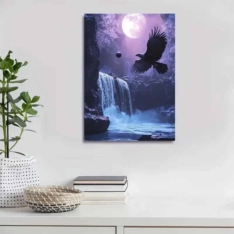 Cyberpunk Eagle & Waterfall Scene Painting 40x60cm Metal Print Ready to Hang