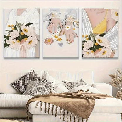 3pcs Woman in White Dress Elegant Floral Metal Print Ready to Hang Art