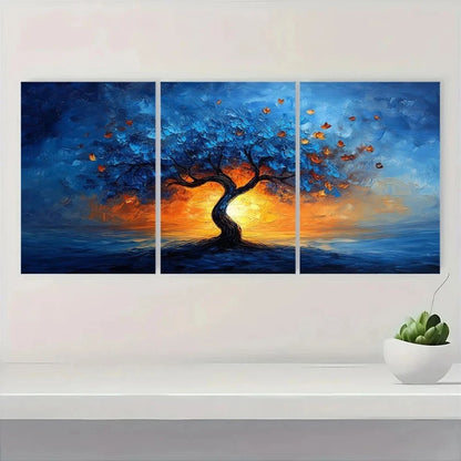 3pcs Blue Tree Modern Abstract Painting Metal Print Ready to Hang Art