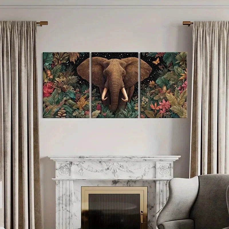 3pcs Elephant Jungle Theme Floral Surroundings Metal Print Ready to Hang Art