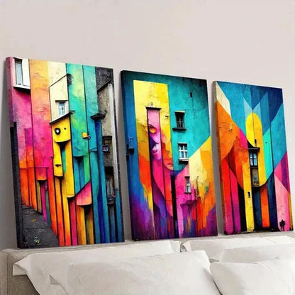 3pcs Vibrant Colorful House Architecture Wall Art Canvas Unframed - High Quality Print 100% Australian Made Wall Canvas