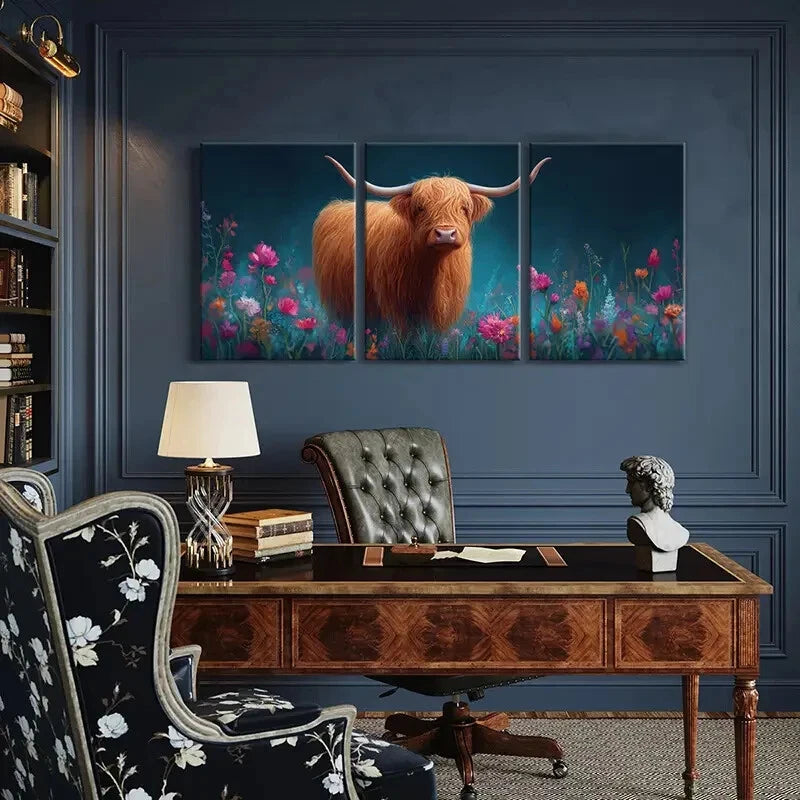 3pcs Highland Cow Floral Garden Poster Metal Print Ready to Hang Art