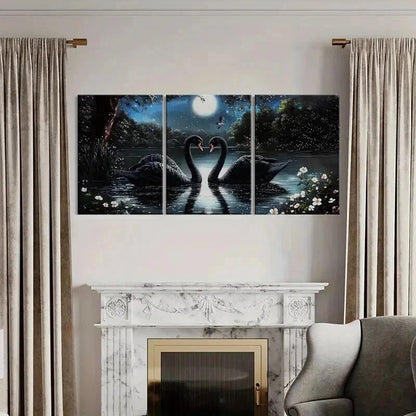 3pcs Black Swan Moonlit Night Serene Lake Wall Art Set Canvas Framed 40x60cm - High Quality Print 100% Australian Made Wall Canvas Ready to Hang