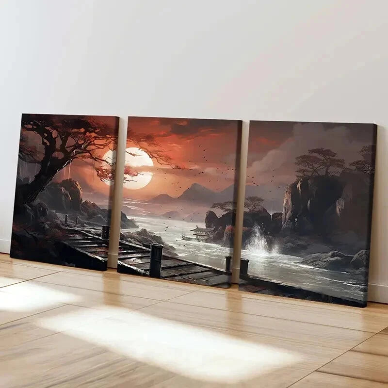 3pcs Artistic Sunset Traditional Chinese Wall Art Set Canvas Framed 40x60cm - High Quality Print 100% Australian Made Wall Canvas Ready to Hang