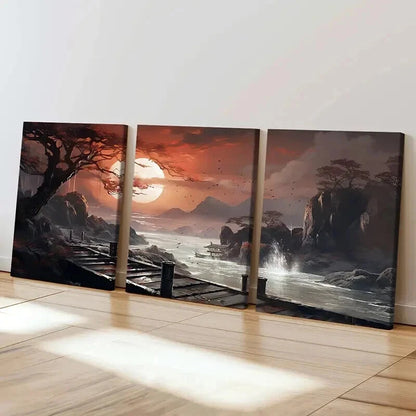 3pcs Artistic Sunset Traditional Chinese Wall Art Set Canvas Framed 40x60cm - High Quality Print 100% Australian Made Wall Canvas Ready to Hang